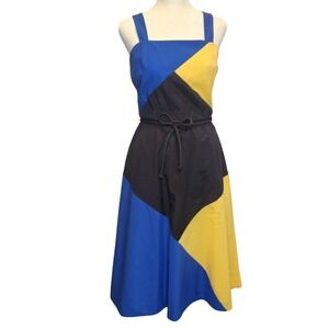 Jenni Colorblock Midi Dress Womens 7/8 Blue Yellow Black Geometric Mod 70s